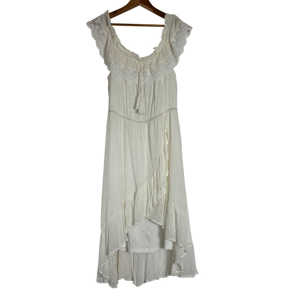 Womens L Swiss Dot Lace Trim High Low Off Shoulder Dress NWT Cottagecore Prairie